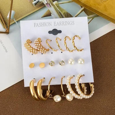 Elegant Round Shape White Pearl Mini Hoop Earrings Set (9 pairs)